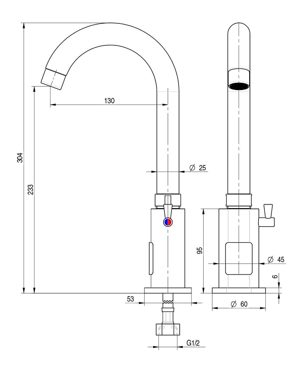 Baterie cu un singur orificiu PREMIUM - pentru apă rece și caldă - cu mixer monocomandă, senzor infraroșu & pipă înaltă pivotantă - 130 mm — 5