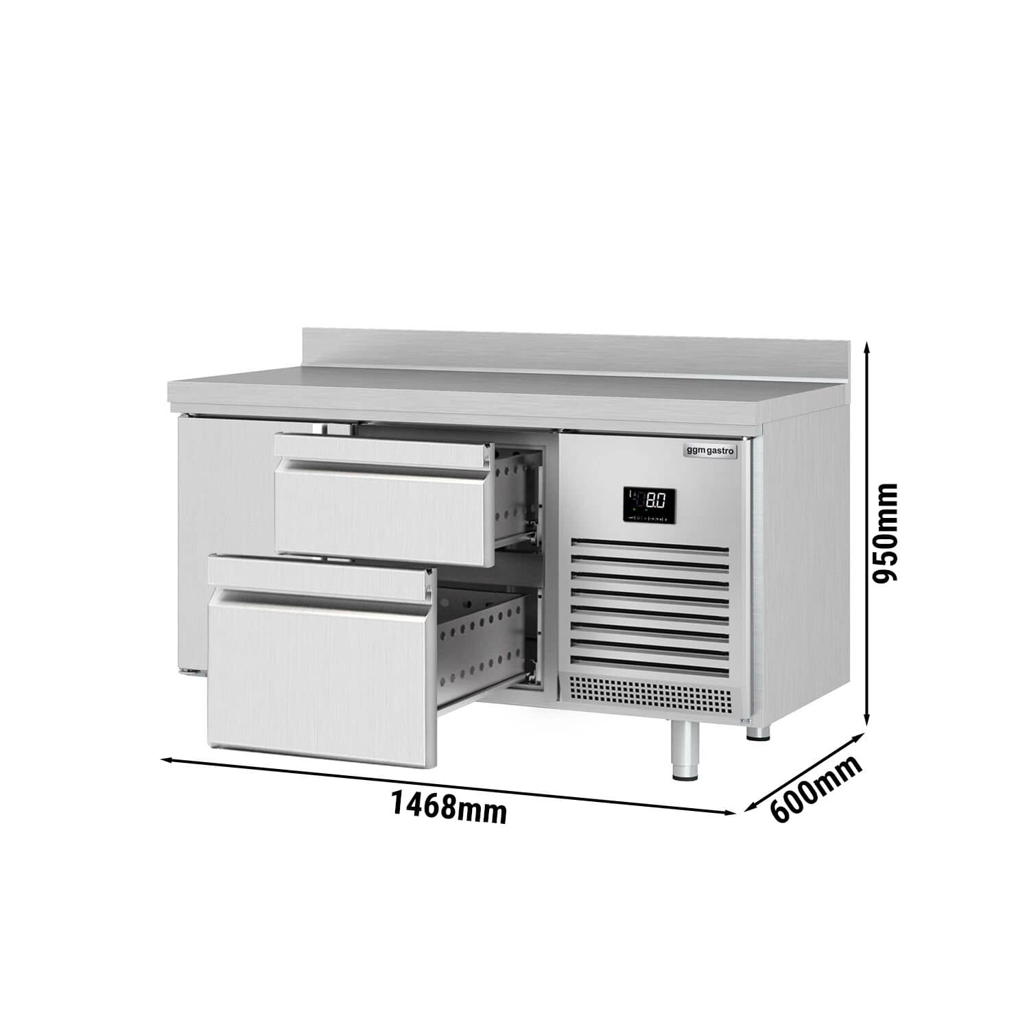 Masă frigorifică Premium PLUS – 1468 x 600 mm – cu 1 ușă – 2 sertare – cu rebord — 3