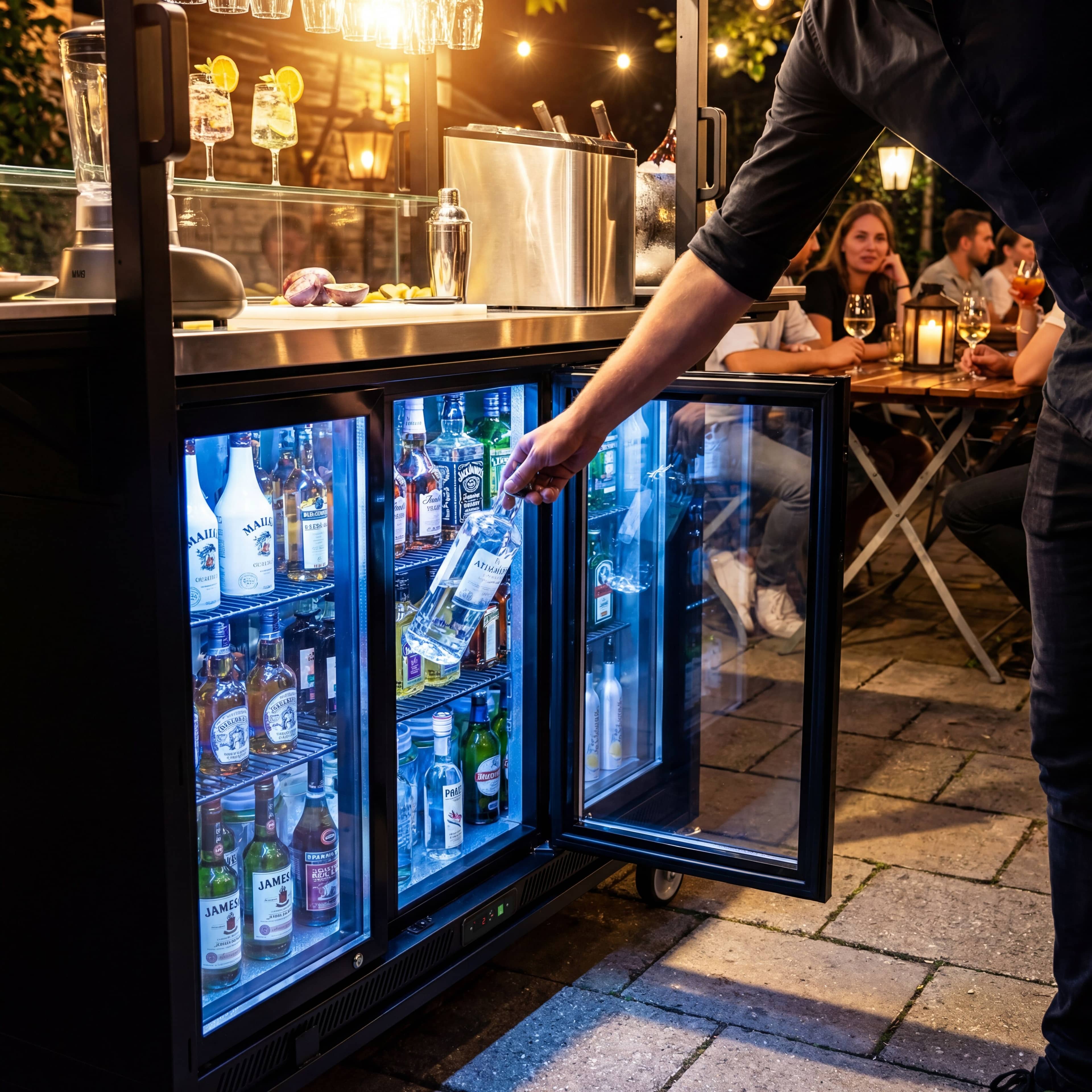 Stație mobilă pentru cocktailuri - cu frigider bar, suprafață de lucru, suport pentru pahare și iluminare LED - pliabilă — 15