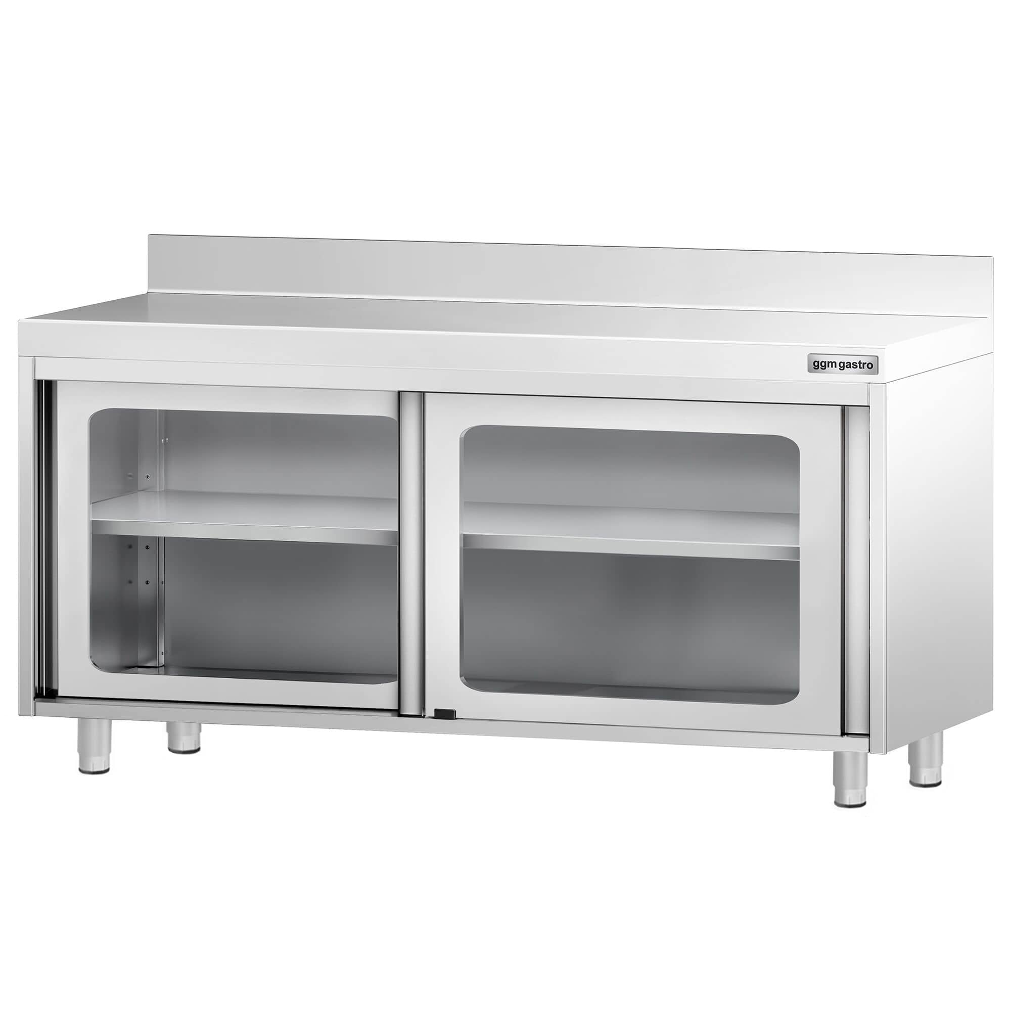 Masă de lucru tip dulap din oțel inoxidabil PREMIUM - 1600x700 mm - uși glisante din sticlă - cu rebord — 7