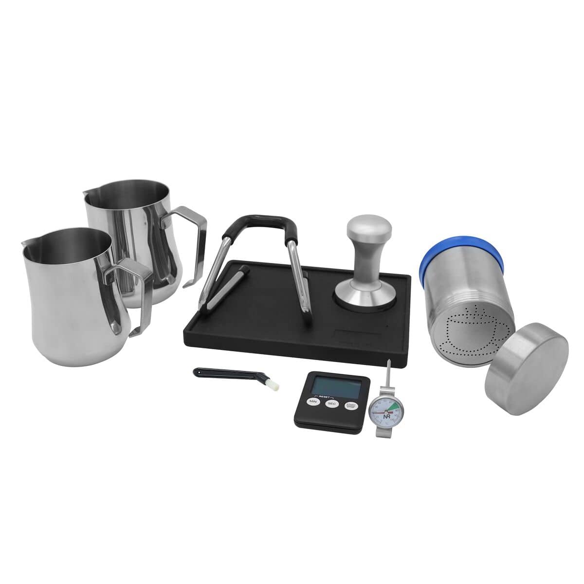 Set barista profesional - incl. 2 căni pentru lapte (latiere) 350 ml și 600 ml, presă de cafea (tamper) 58 mm, suport pentru tamper, perie pentru curățarea espressorului, timer digital, 3 șabloane latte art & termometru pentru lapte — 2