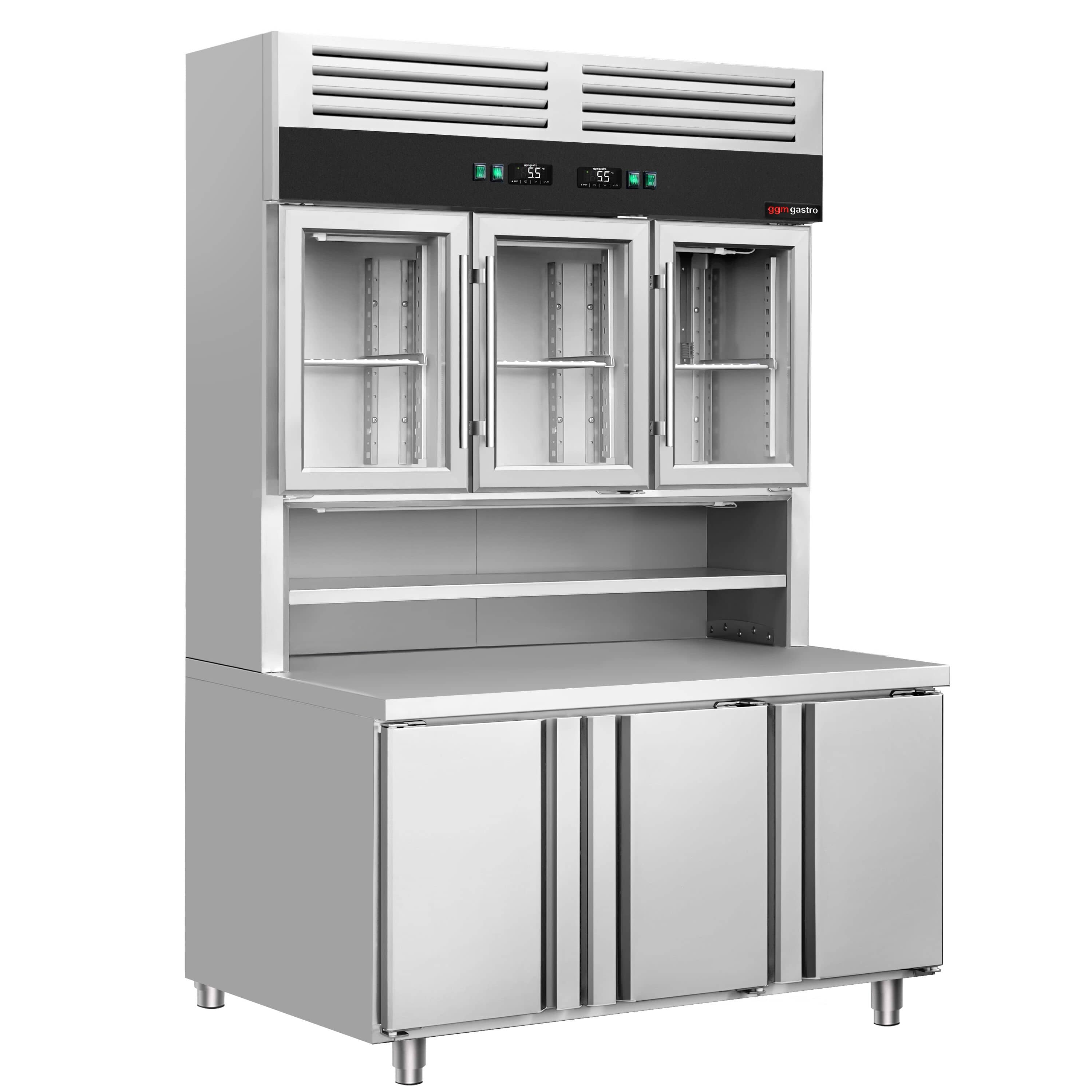 Masă frigorifică cu vitrină frigorifică verticală - 1350x800 mm - 520 L - cu 3 uși din sticlă - spate cu 3 uși - sticlă dublă - blat lucru — 2