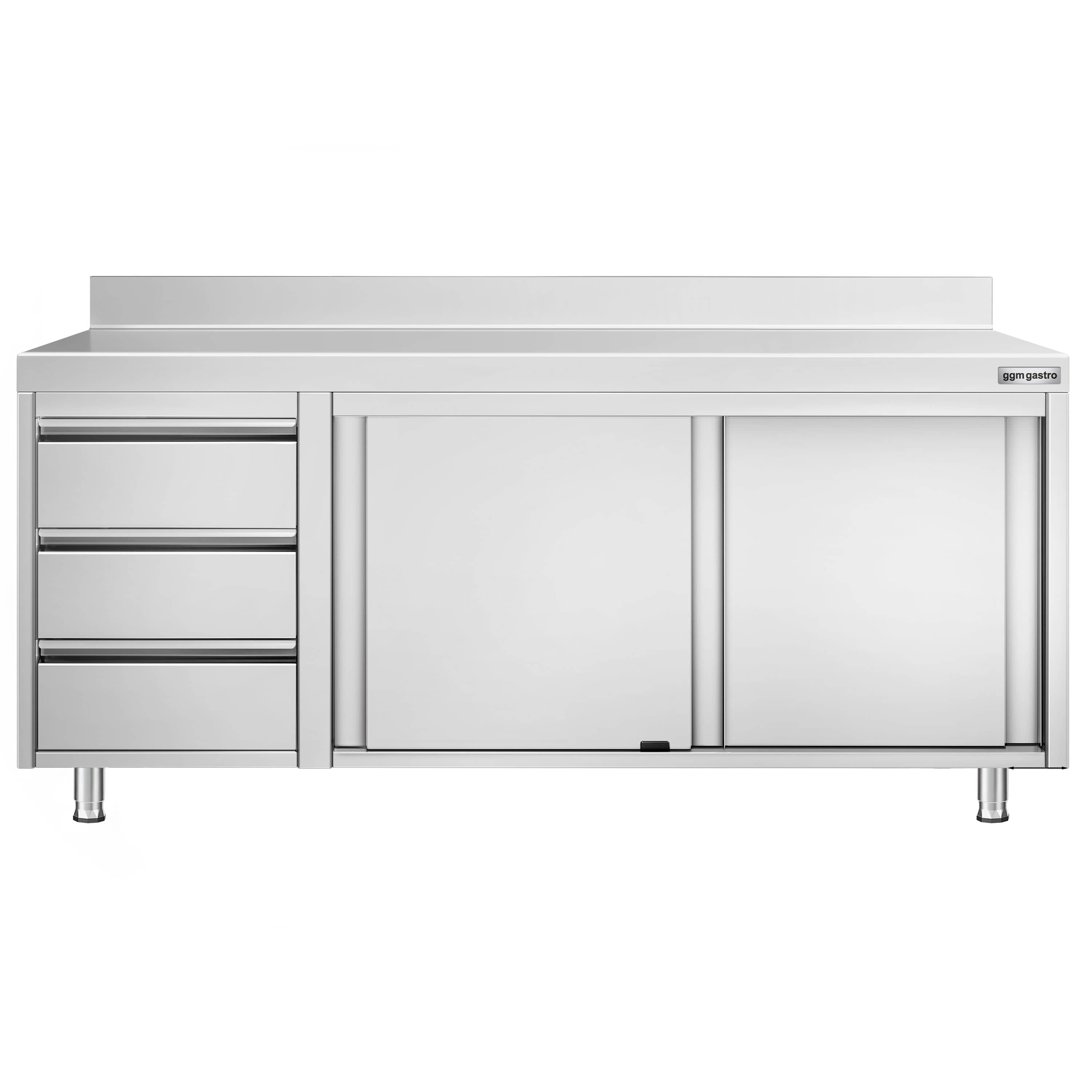 Dulap de lucru din oțel inoxidabil PREMIUM – 2000 x 700 mm – cu 3 sertare pe partea stângă și rebord — 5