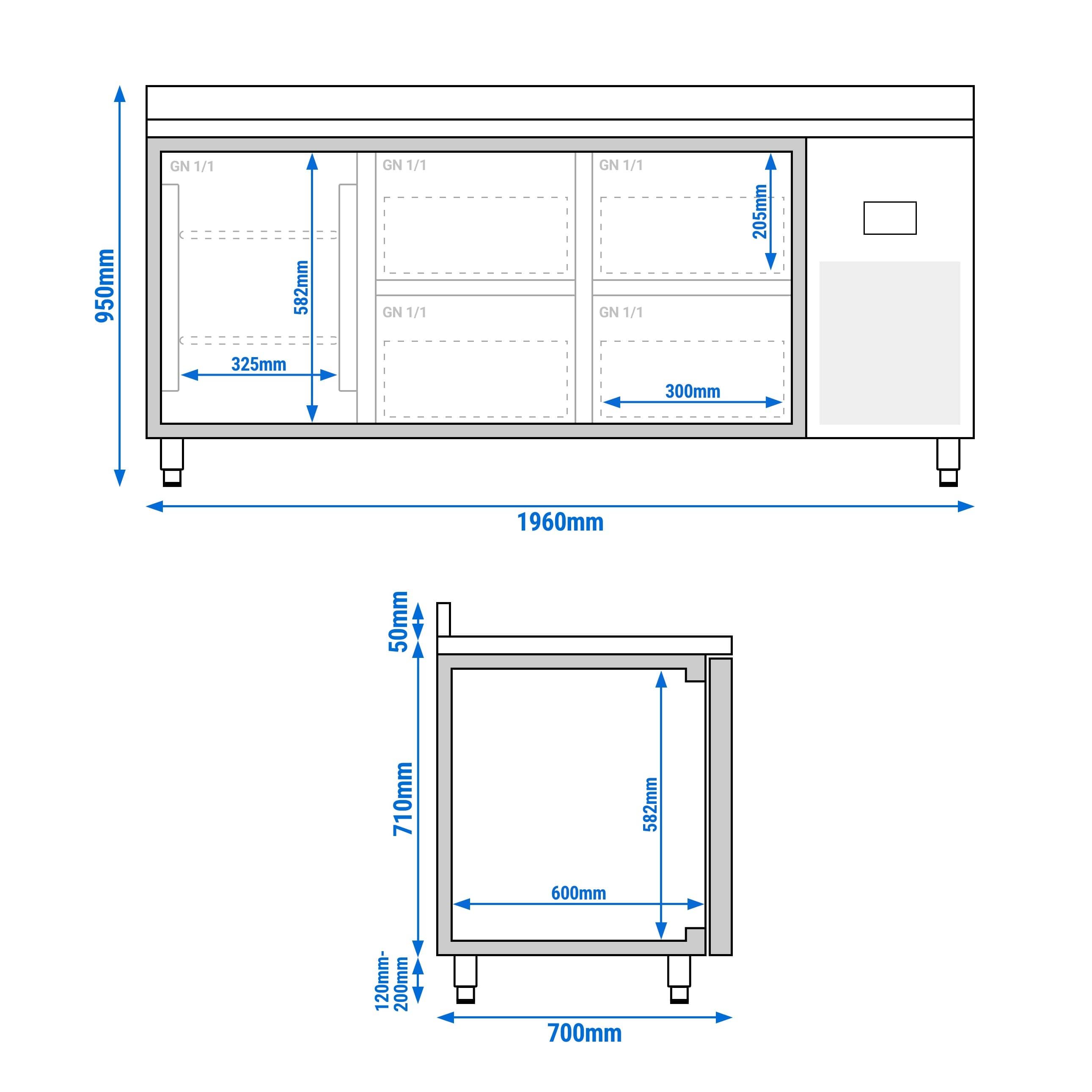 Masă frigorifică Premium PLUS – 1960 x 700 mm – cu 1 ușă – 4 sertare – cu rebord — 14