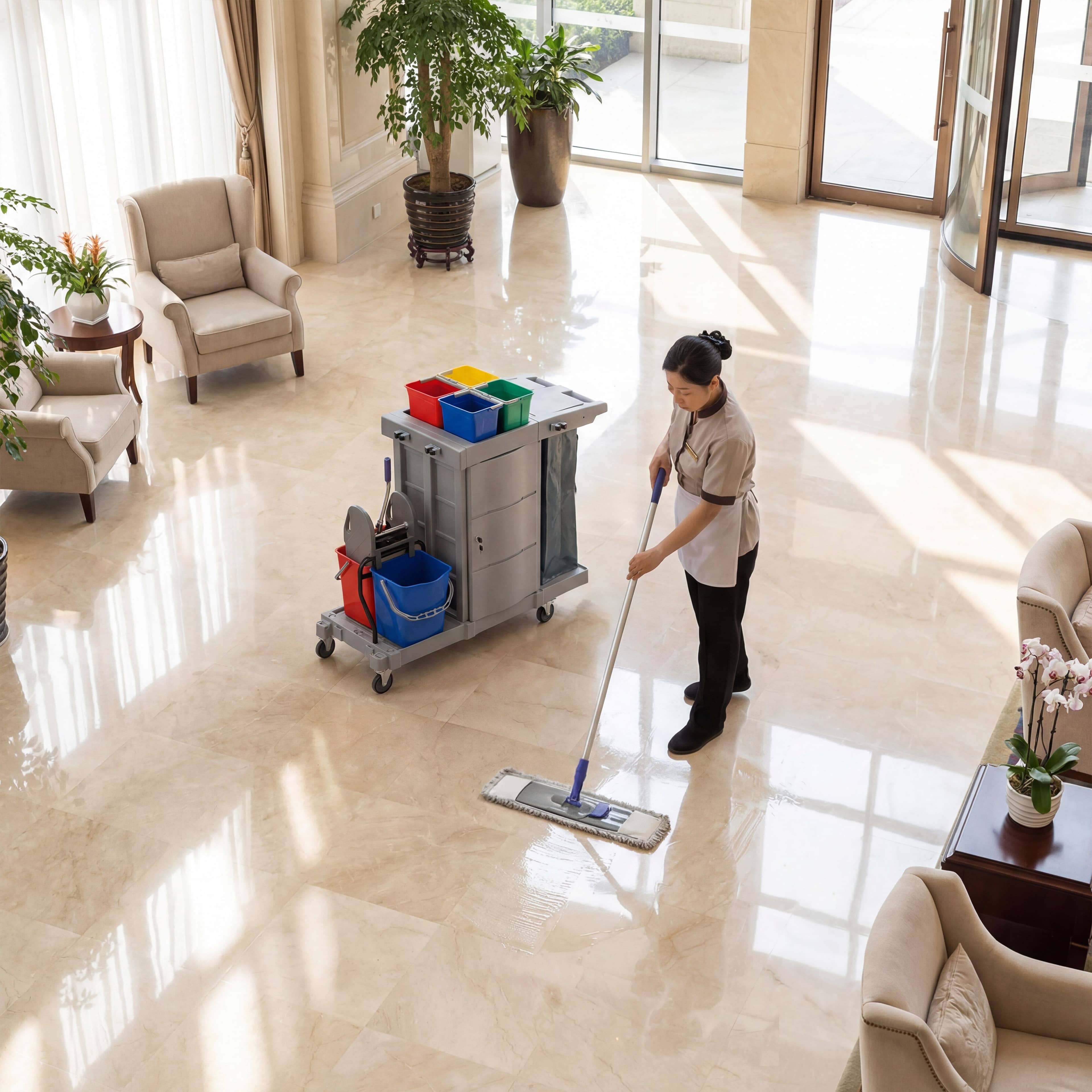 Cărucior de curățenie – închis – 6 recipiente, storcător de mop, sac pentru rufe — 6