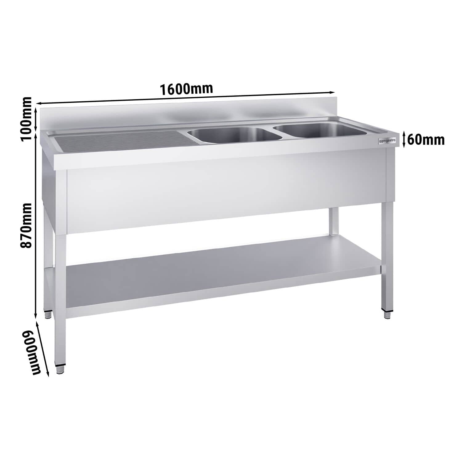 Chiuvetă profesională PREMIUM - 1600x600 mm - cu poliță inferioară - cu 2 cuve — 3