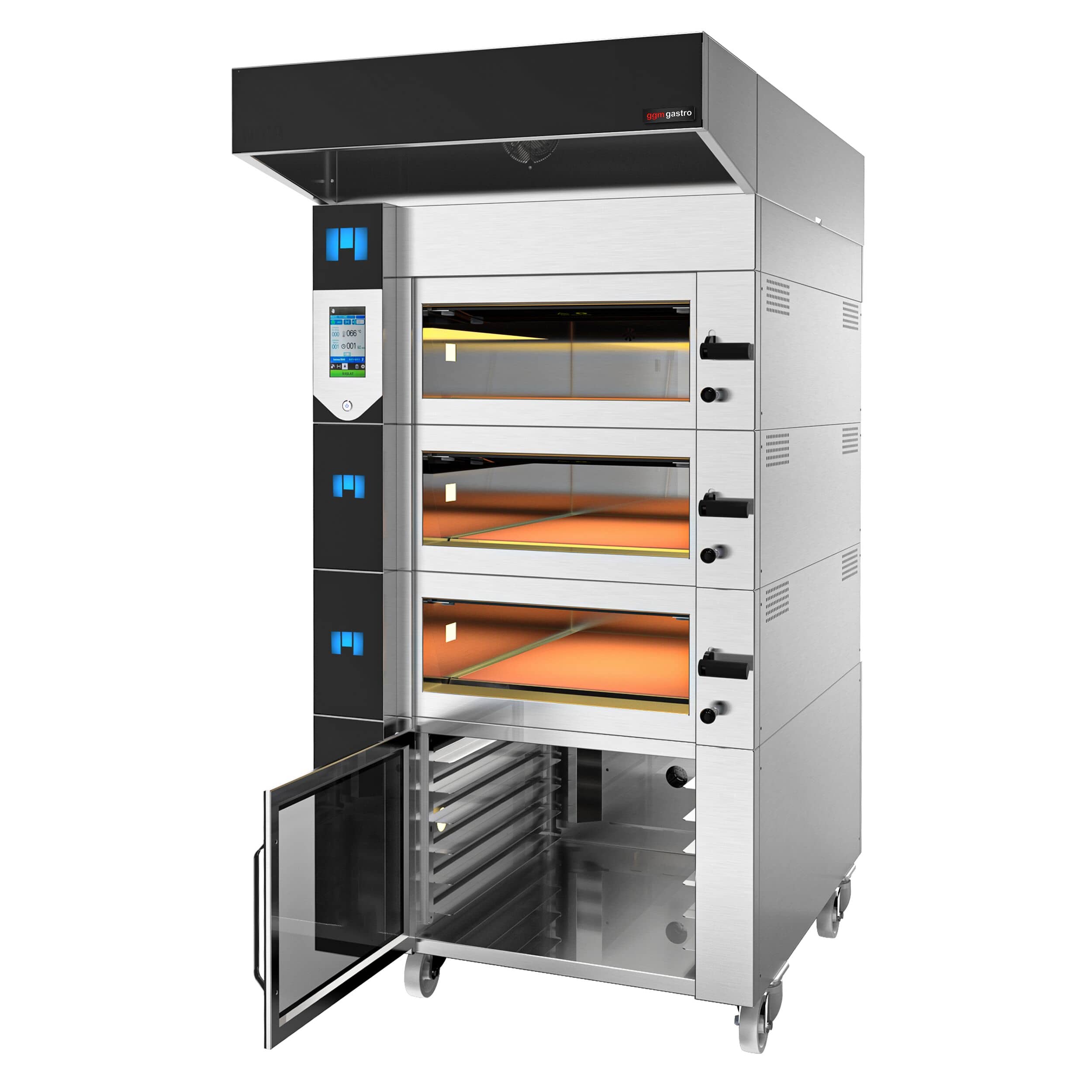 Electric Cuptor cu vatră modular pentru brutării cu umidificare & Dospitor - Touchscreen - 3 camere de coacere - incl. Hotă & Cadru inferior & Raft dospitor — 5