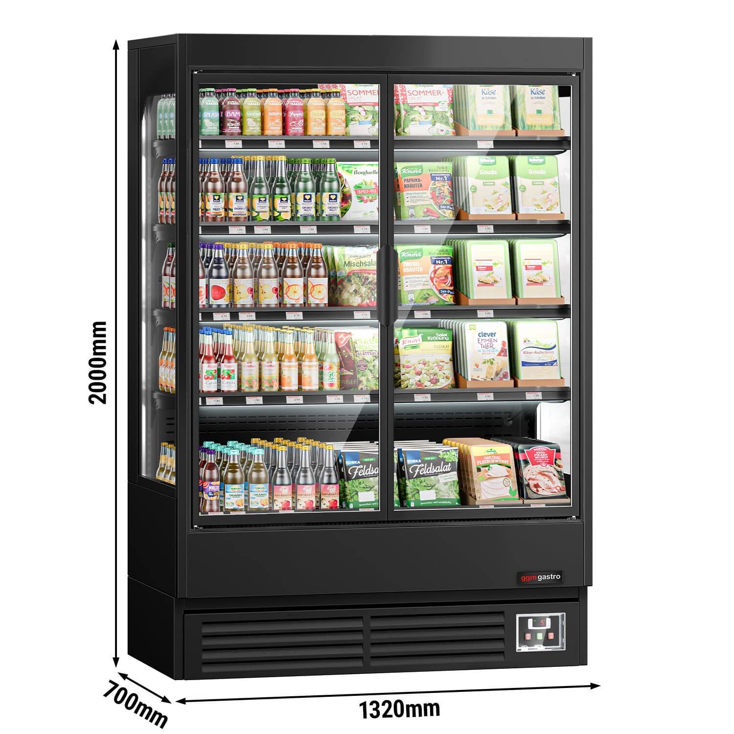 Raft frigorific - 1320 mm - 595 litri - +1°C/+5°C - cu 2 uși din sticlă cu geam dublu uși cu balamale & 4 polițe - negru — 3