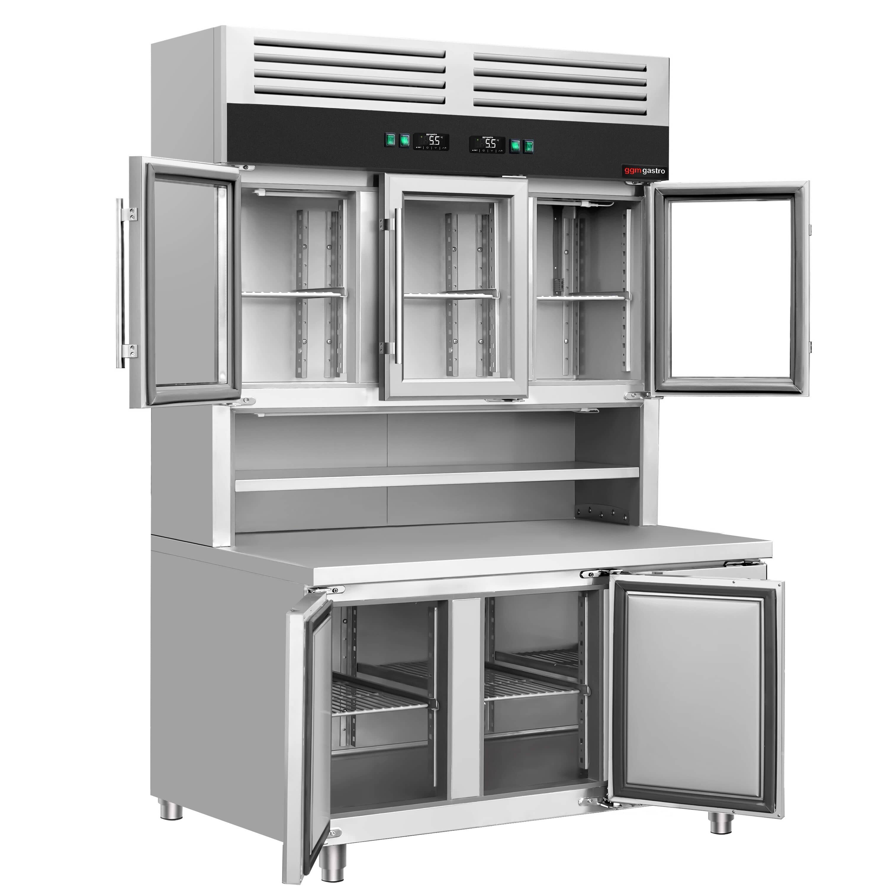 Masă frigorifică cu vitrină frigorifică verticală - 1350x800 mm - 520 L - cu 3 uși din sticlă - spate cu 3 uși - sticlă dublă - blat lucru — 5