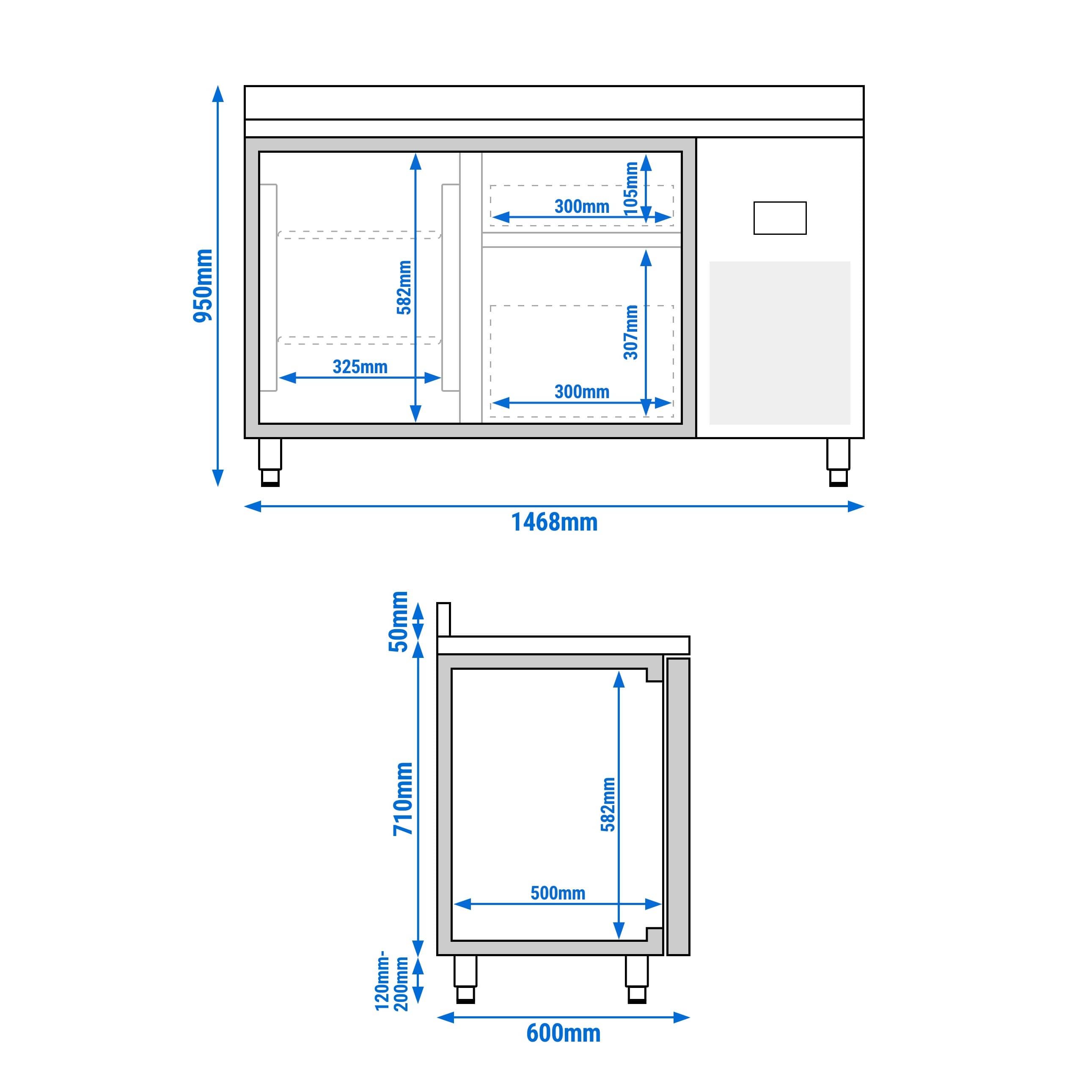 Masă frigorifică Premium PLUS – 1468 x 600 mm – cu 1 ușă – 2 sertare – cu rebord — 14