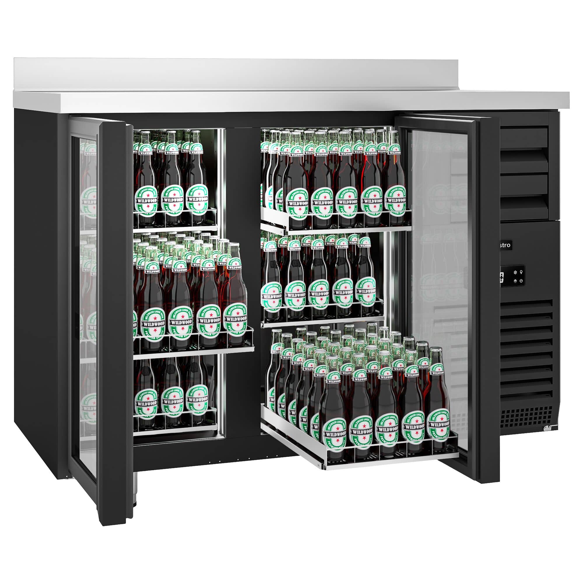 Frigider Bar Profesional PREMIUM PLUS - SUPERCOOLER - 1475x700 mm - 440 L - 2 uși din sticlă, 6 sertare, bordură spate 40 mm, iluminare LED & încuietoare - negru — 4