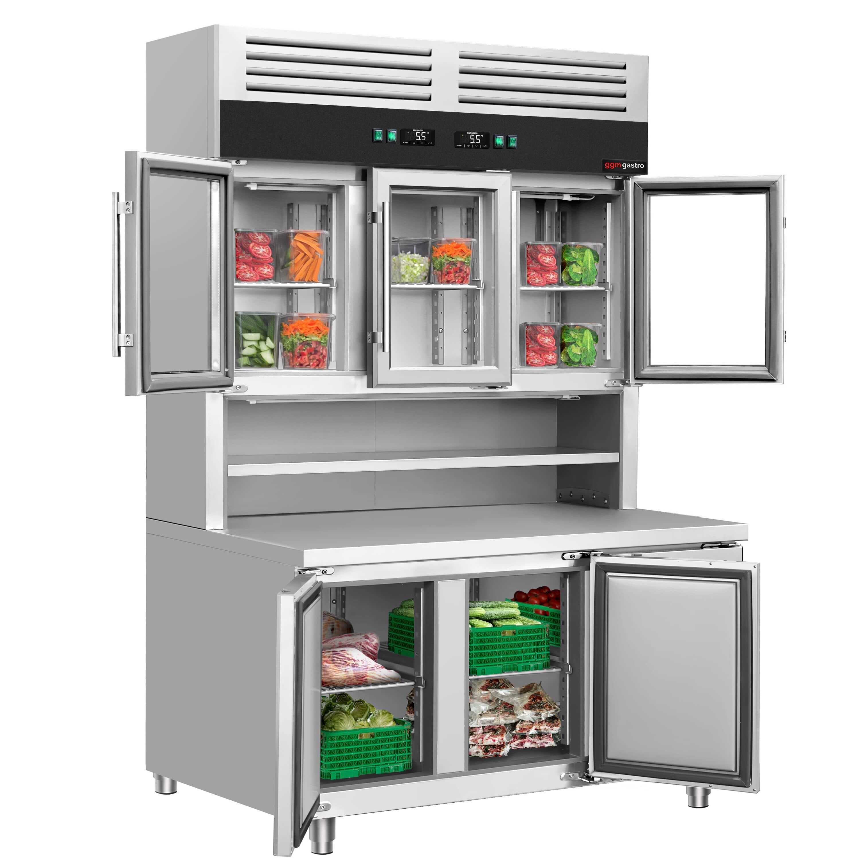 Masă frigorifică cu vitrină frigorifică verticală - 1350x800 mm - 520 L - cu 3 uși din sticlă - spate cu 3 uși - sticlă dublă - blat lucru — 4