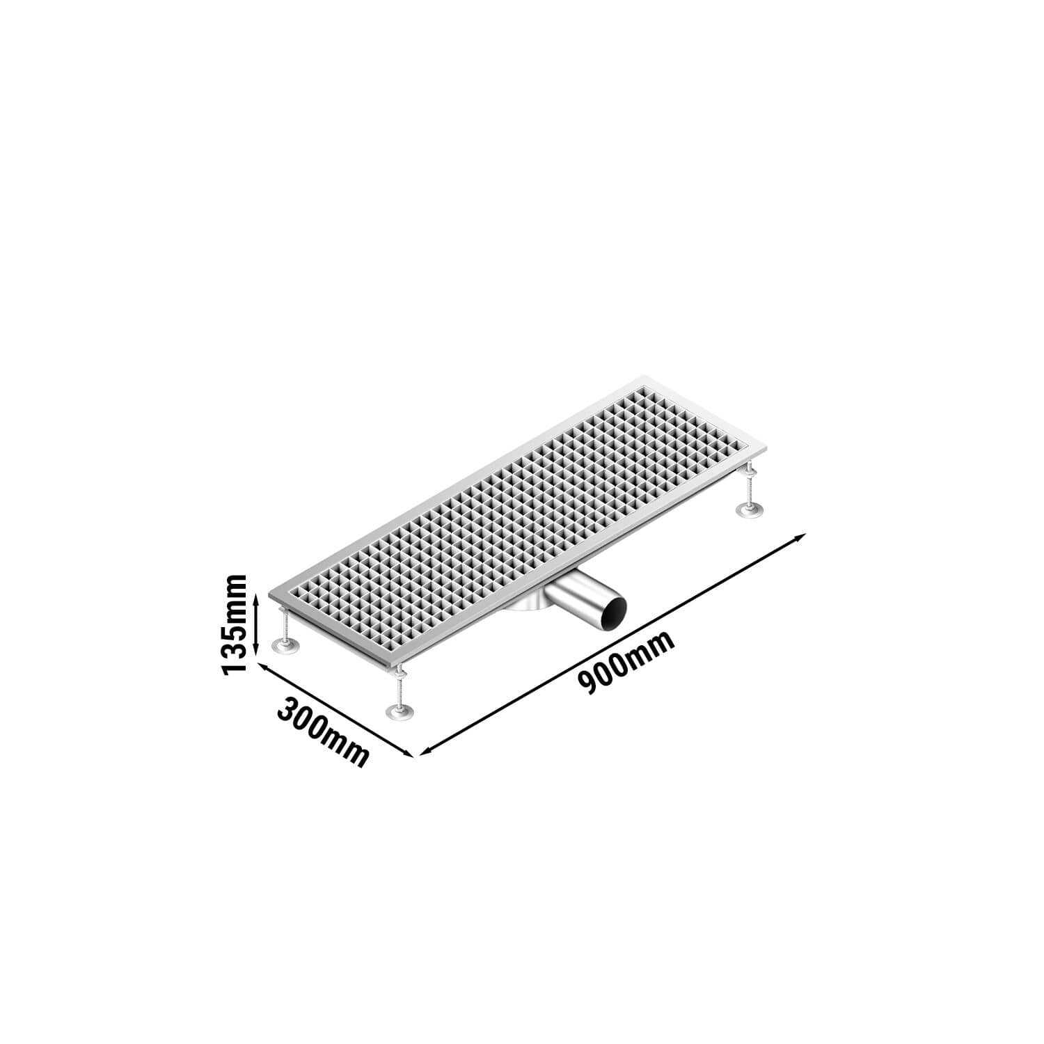 Gură de scurgere din oțel inoxidabil – 900 x 300 mm – model plat și scurgere laterală – Ø 70 mm — 3