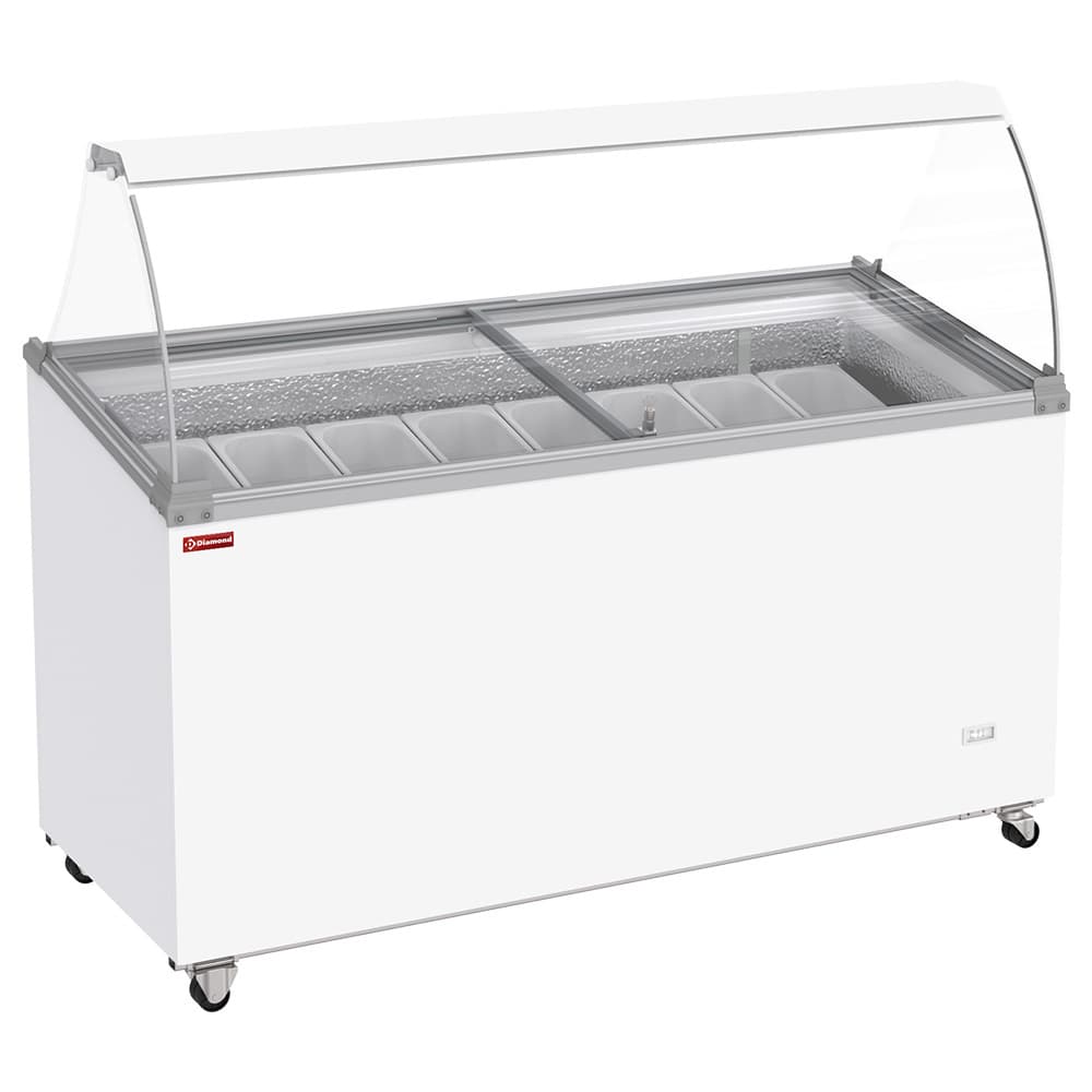 Ice cream display freezer, 467 liters, sliding lids on wheels with curved glass, capacity for 8 tubs