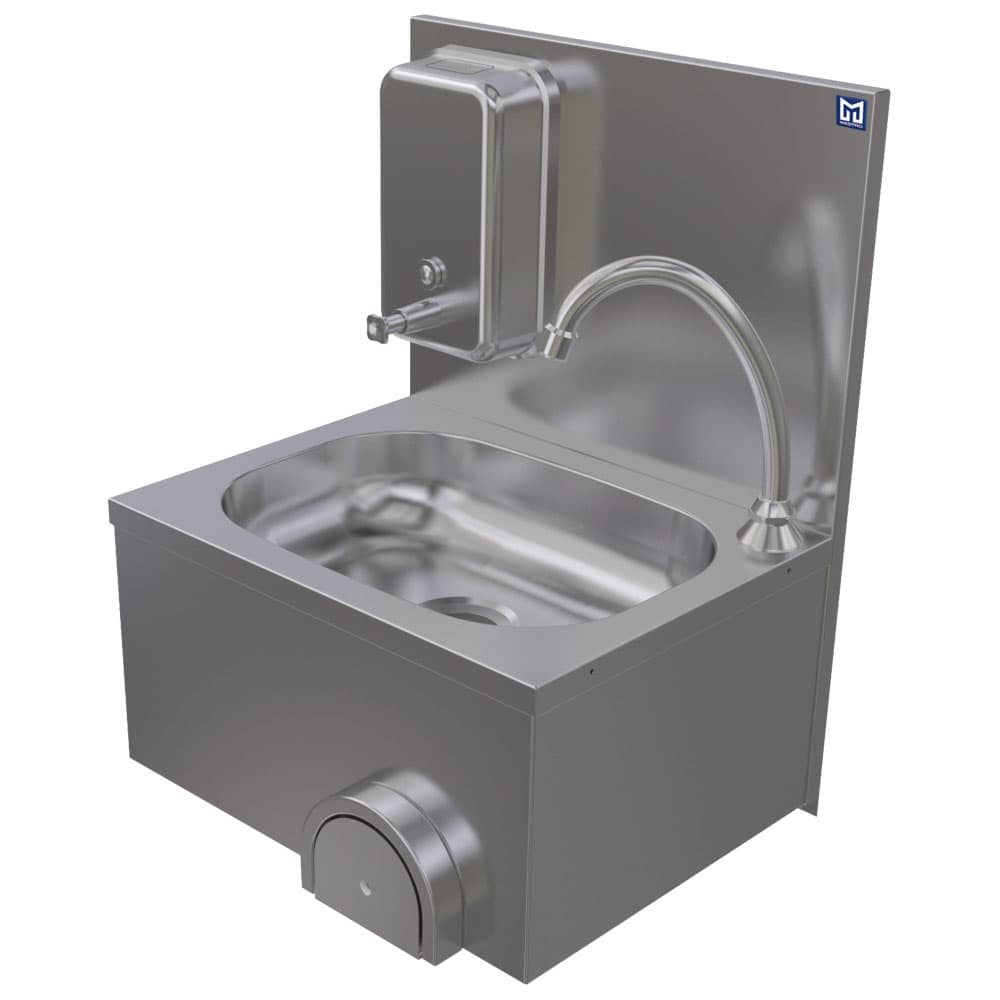 Wall-mounted handwash basin knee operated with soap dispenser