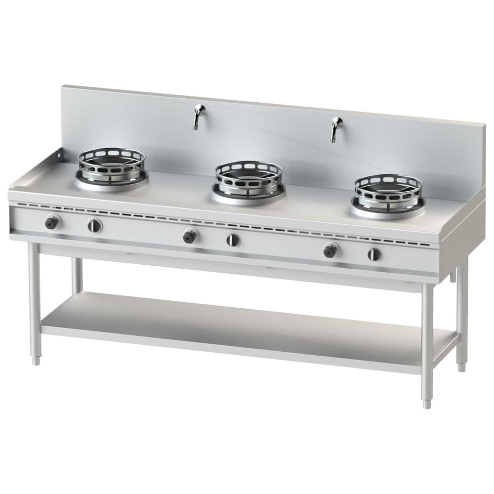 gas wok hob with shelf, 3 burners, 2 water taps