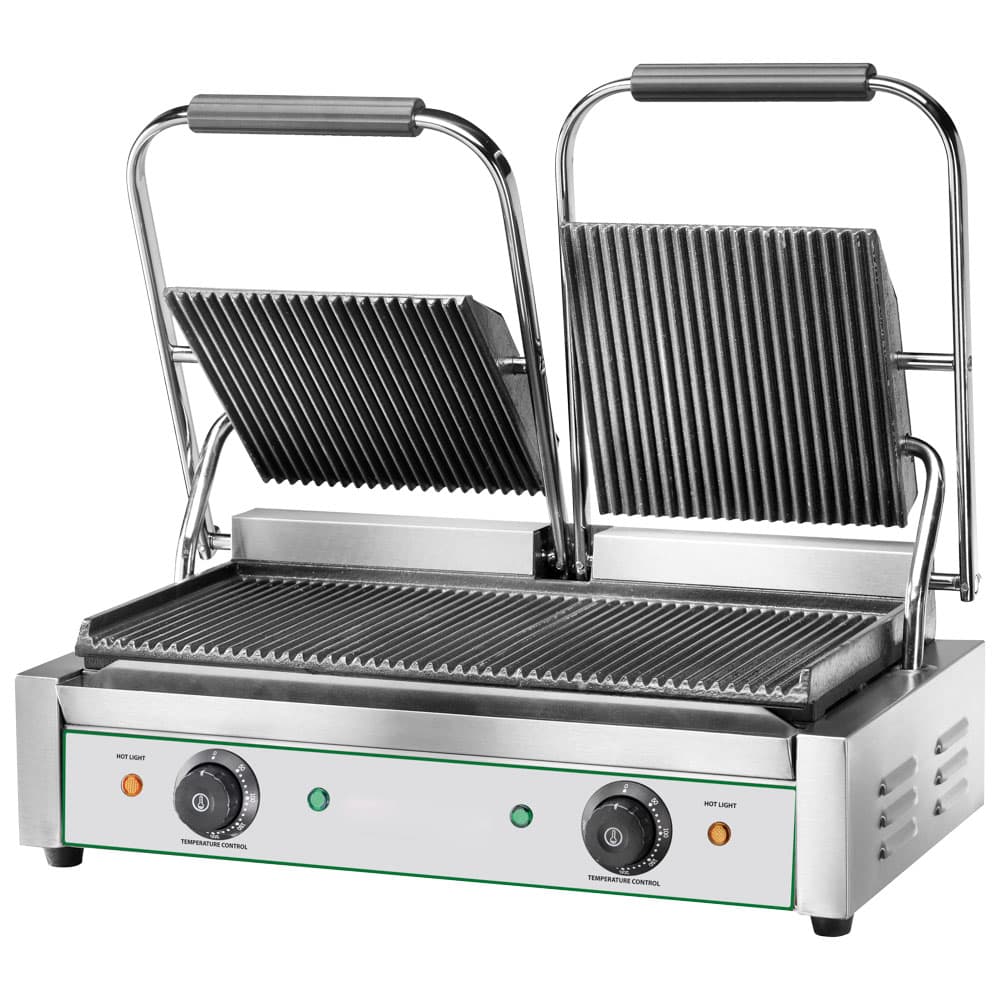 Contact grill with 2 cast iron plates, grooved/grooved, 2x 230x240 mm