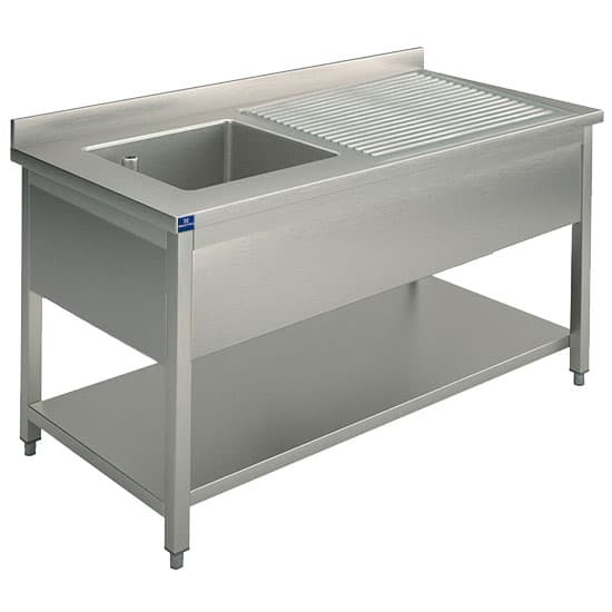 Sink unit, 1 sink, draining board on the right, on legs, with lower shelf, 1200x600 mm