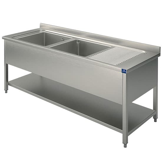 Sink unit, 2 sinks, draining board on the right, on legs, with lower shelf, 1800x700 mm