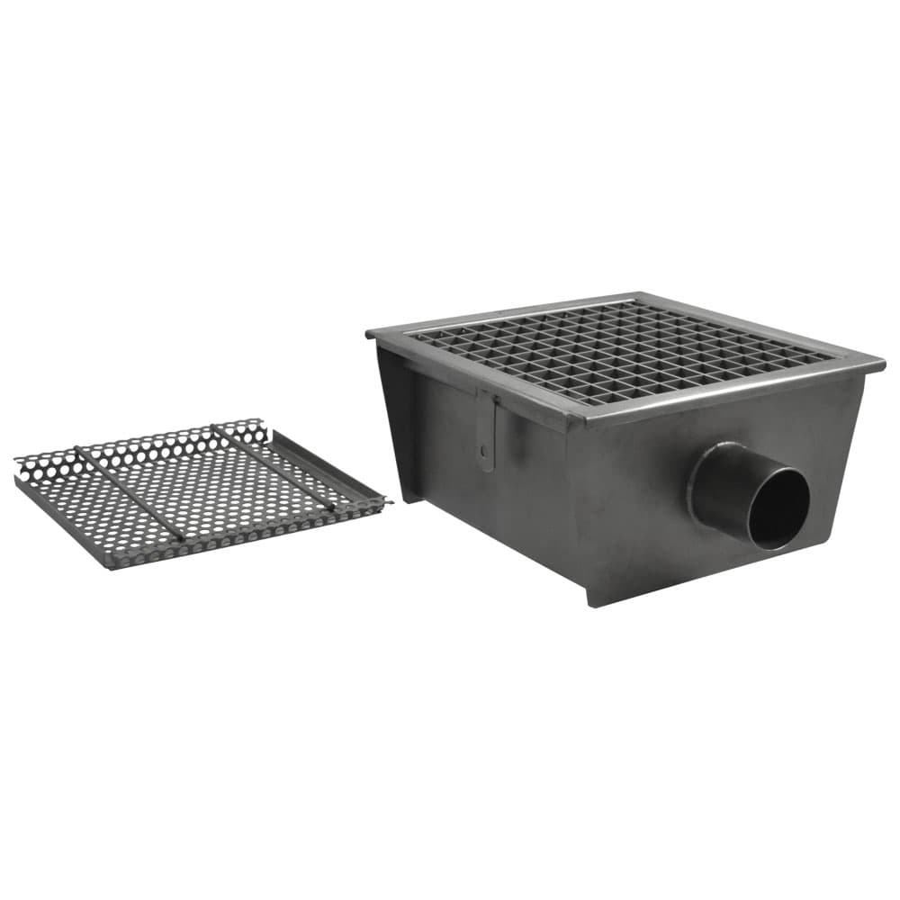 Floor gutter with grating, horizontal discharge ø 63 mm and filter, 300x300x150 mm