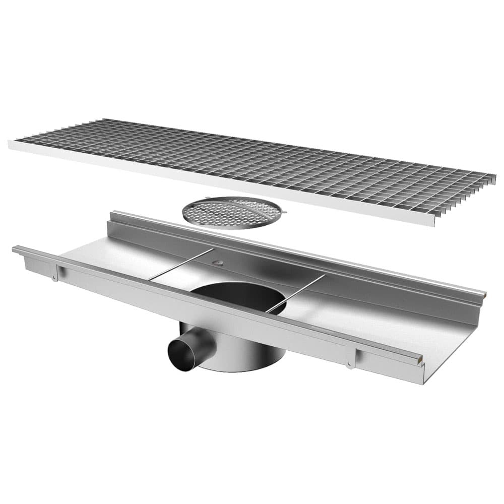 Floor gutter with grating, horizontal discharge ø 63 mm and round filter, 1600x300x150 mm