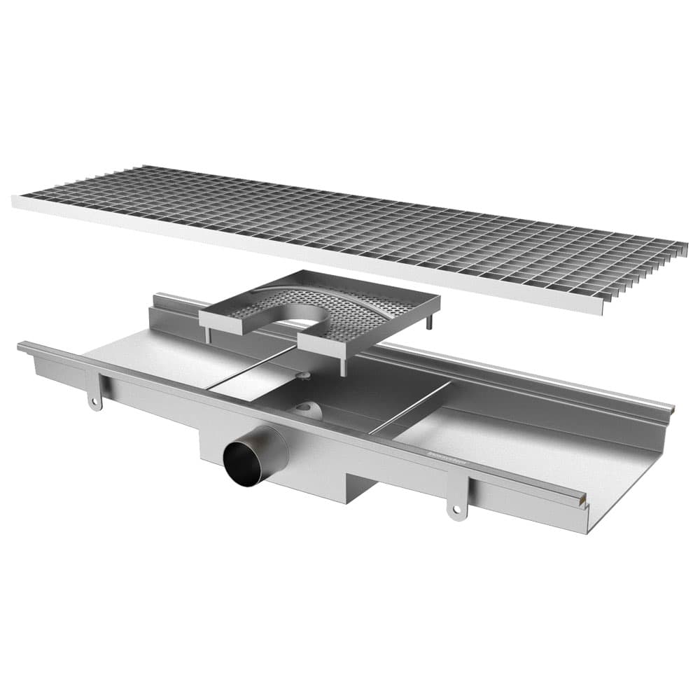Floor gutter with grating, horizontal discharge ø 63 mm and square filter, 2050x300x150 mm