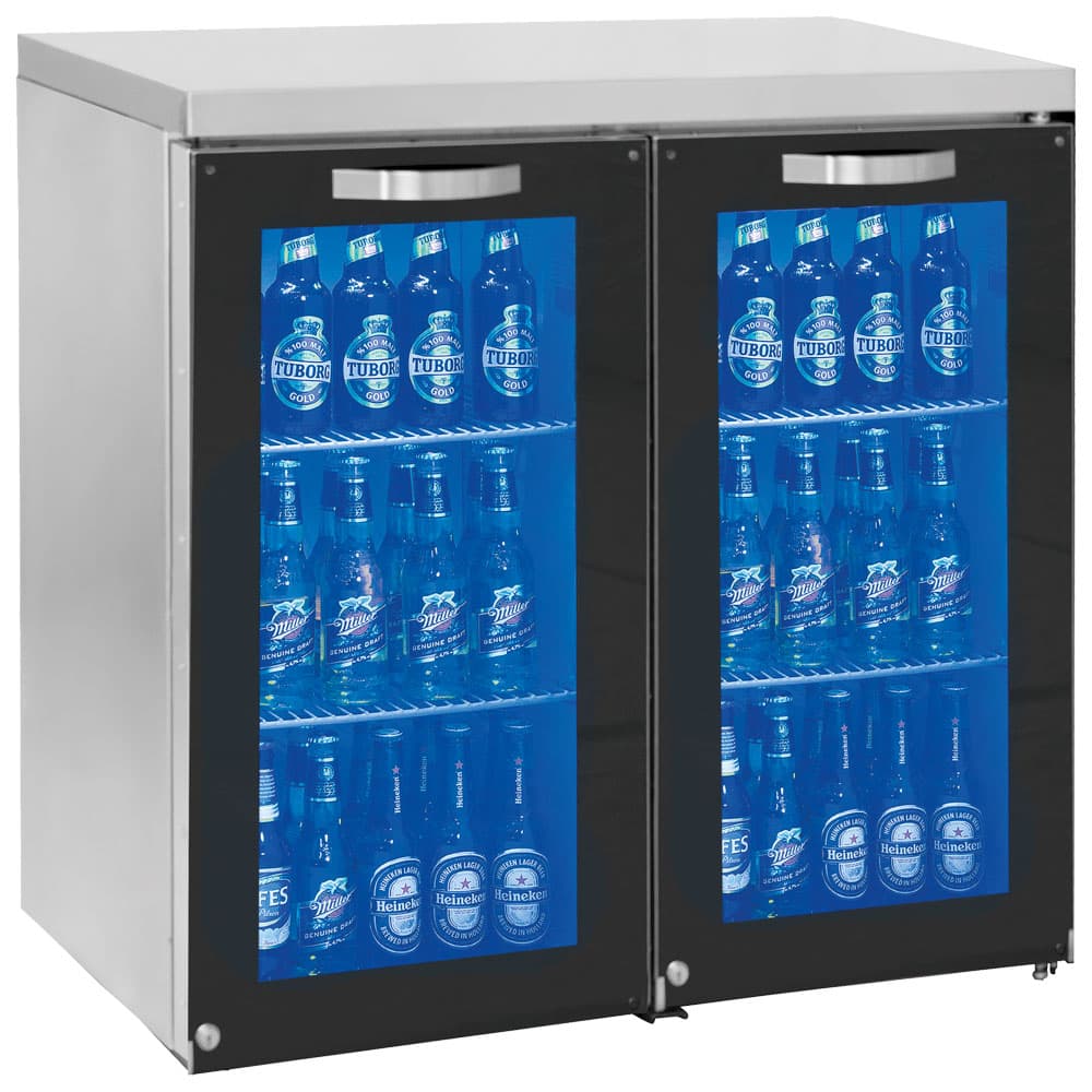 Undercounter refrigerator left side with 2 hinged glass doors, 50/90 bottles