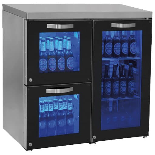 Undercounter refrigerator right side with 1 hinged glass door and 2 glass drawers, 90 bottles