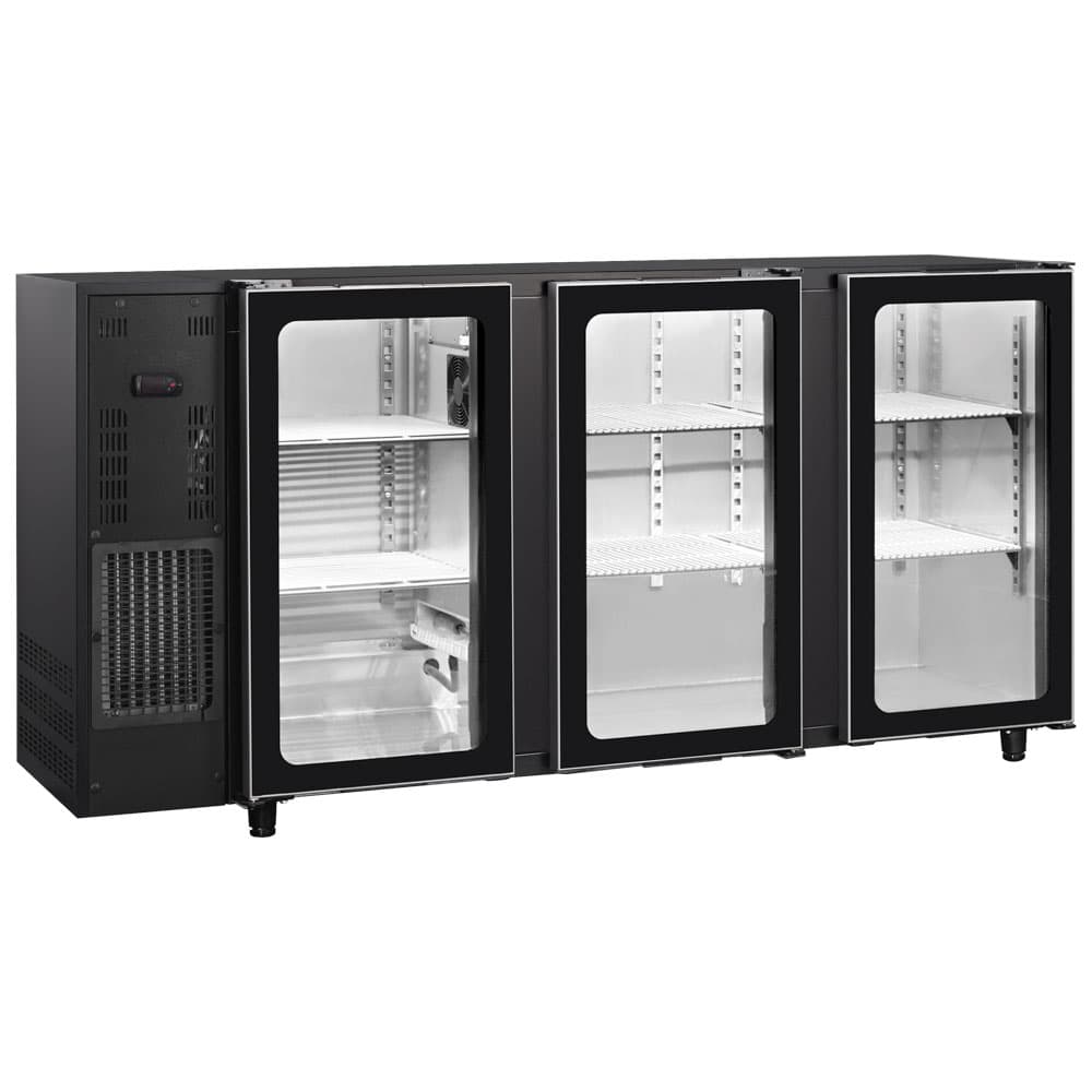 Undercounter refrigerator with 3 hinged glass doors, 587 litres, -2°/+8°C - black painted
