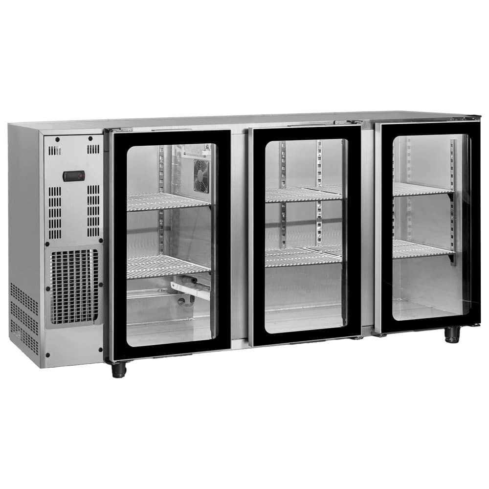 Undercounter refrigerator with 3 hinged glass doors, 587 litres, -2°/+8°C - stainless steel version