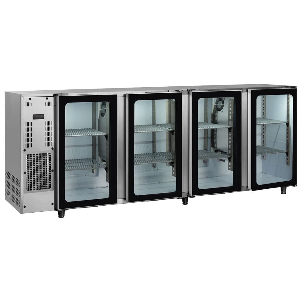 Undercounter refrigerator with 4 hinged glass doors, 794 litres, -2°/+8°C - stainless steel version