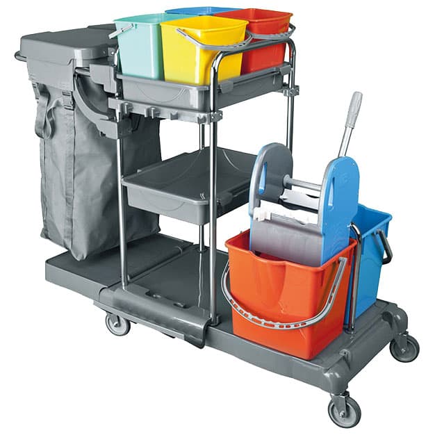 Cleaning trolley with bag holder and mop bucket