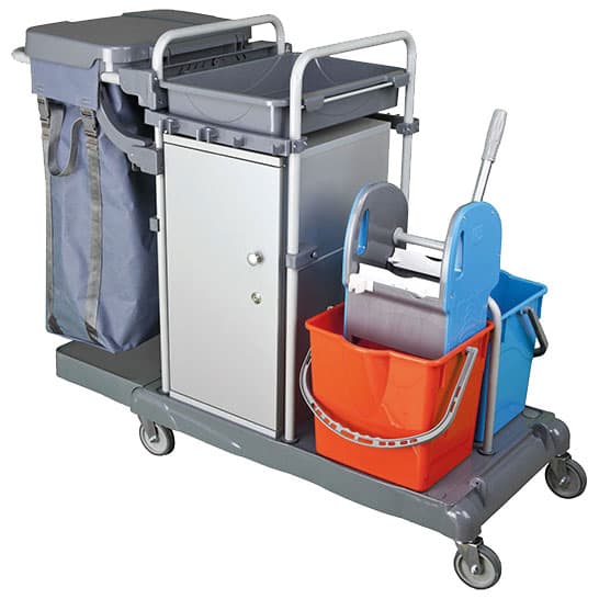 Cleaning trolley with bag holder, cupboard and mop bucket