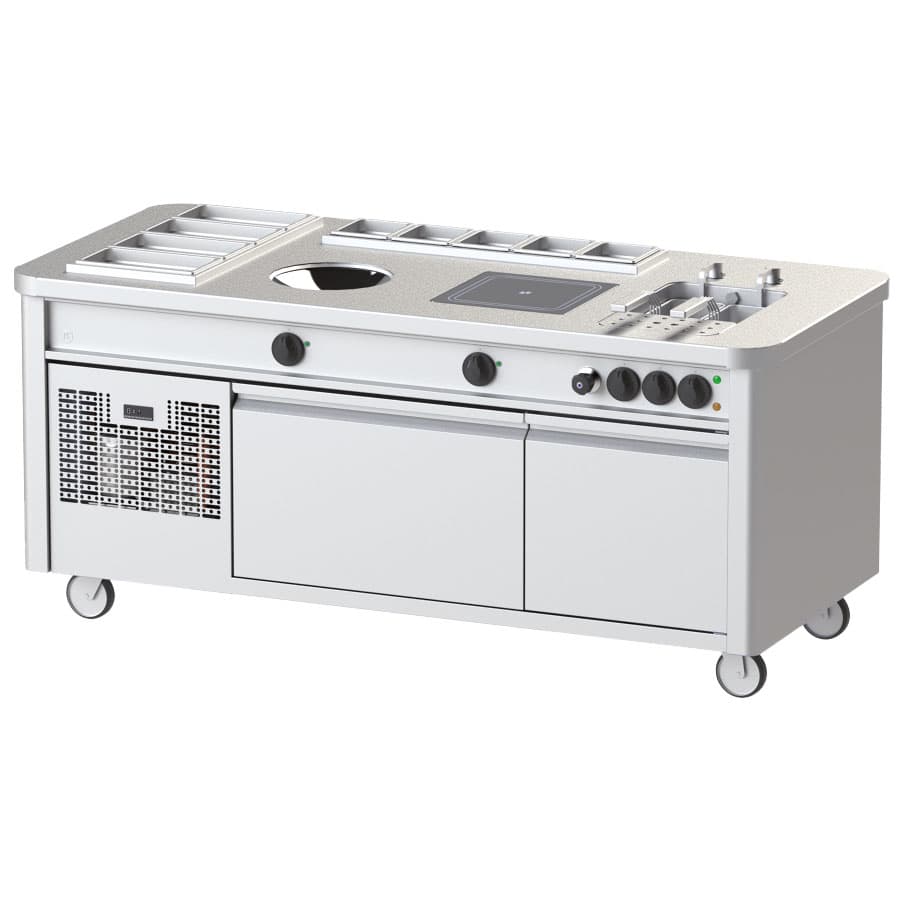 Mobile cooking station with induction wok, induction hob, pasta cooker, refrigerated undercounter