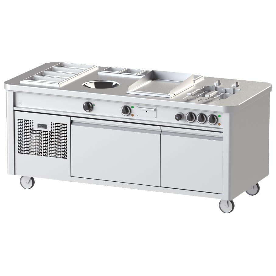 Mobile cooking station with induction wok, teppanyaki, pasta cooker, refrigerated undercounter