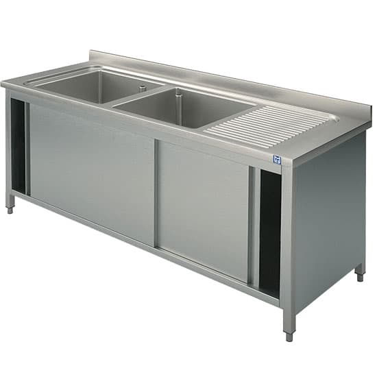 sink unit on cupboard, 2 sinks + right draining board, with sliding doors, 1600x600 mm