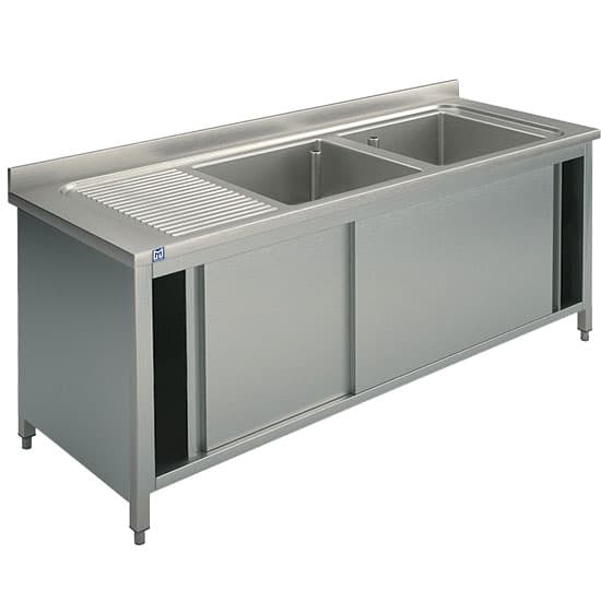 sink unit on cupboard, 2 sinks + left draining board, with sliding doors, 1400x600 mm