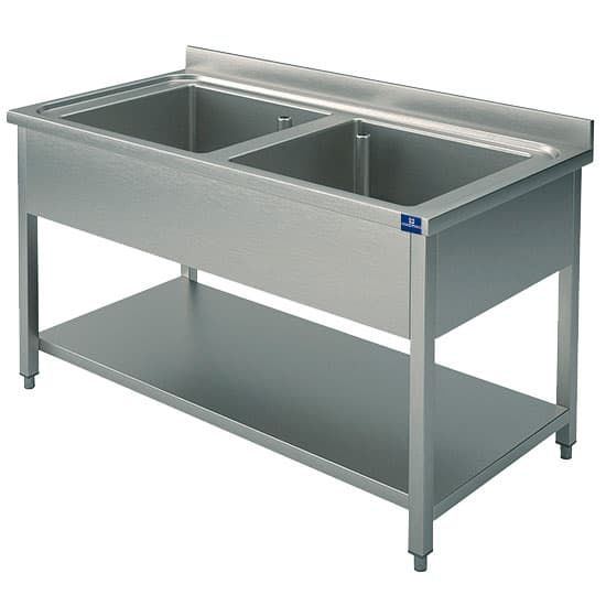 Sink unit, 2 sinks, on legs, with lower shelf, 1400x600 mm