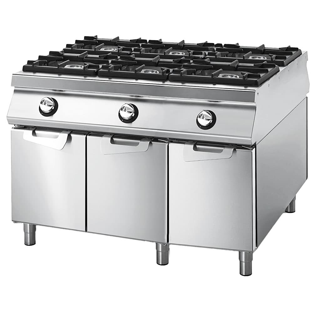 Aragaz pe gaz Virtus VS110120PCG – 6 arzătoare – dulap cu uși și recipiente inox – comenzi pe ambele părți