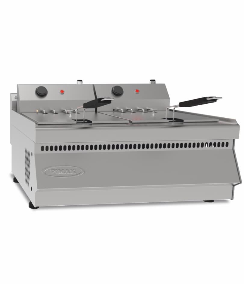 Friteuză profesională inox Pimak M062-1 | 8+8, 8 kW, 400V, Dim: 60x60x30 cm
