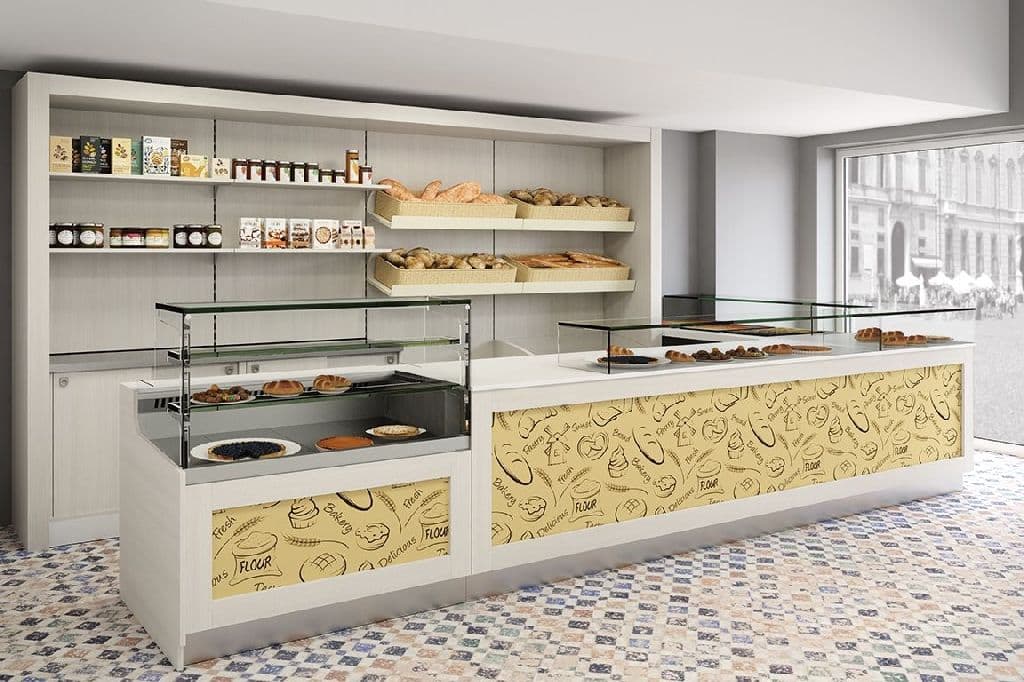 Linie completă mobilier și tejghea prezentare pentru brutărie și pizzerie Best Cold seria Bastia, Italia