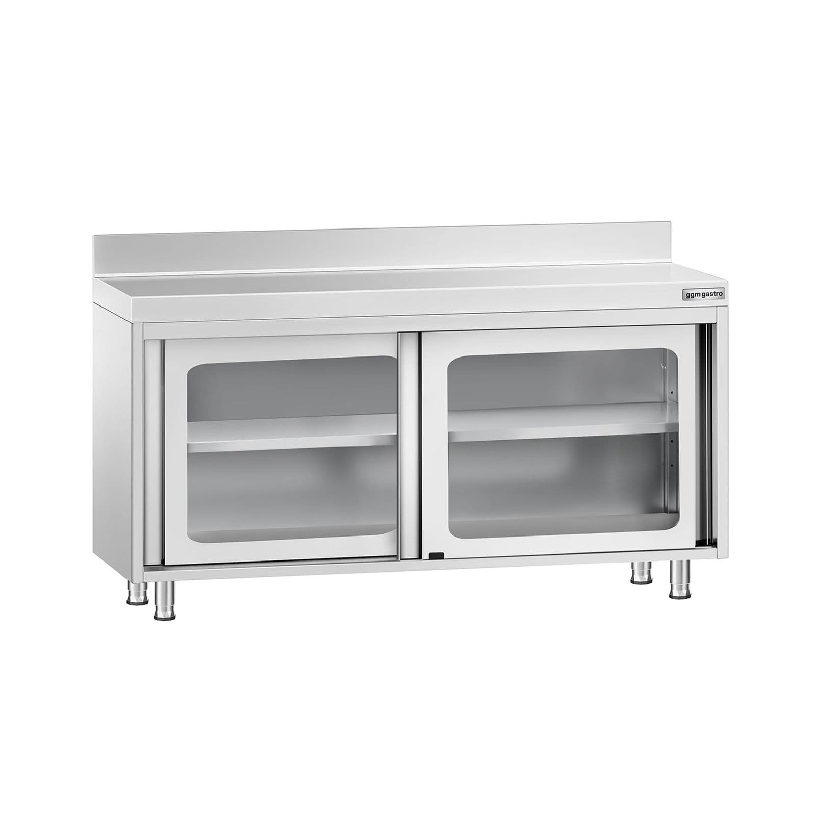 Masă de lucru tip dulap din oțel inoxidabil PREMIUM - 1400x600 mm - uși glisante din sticlă - cu rebord
