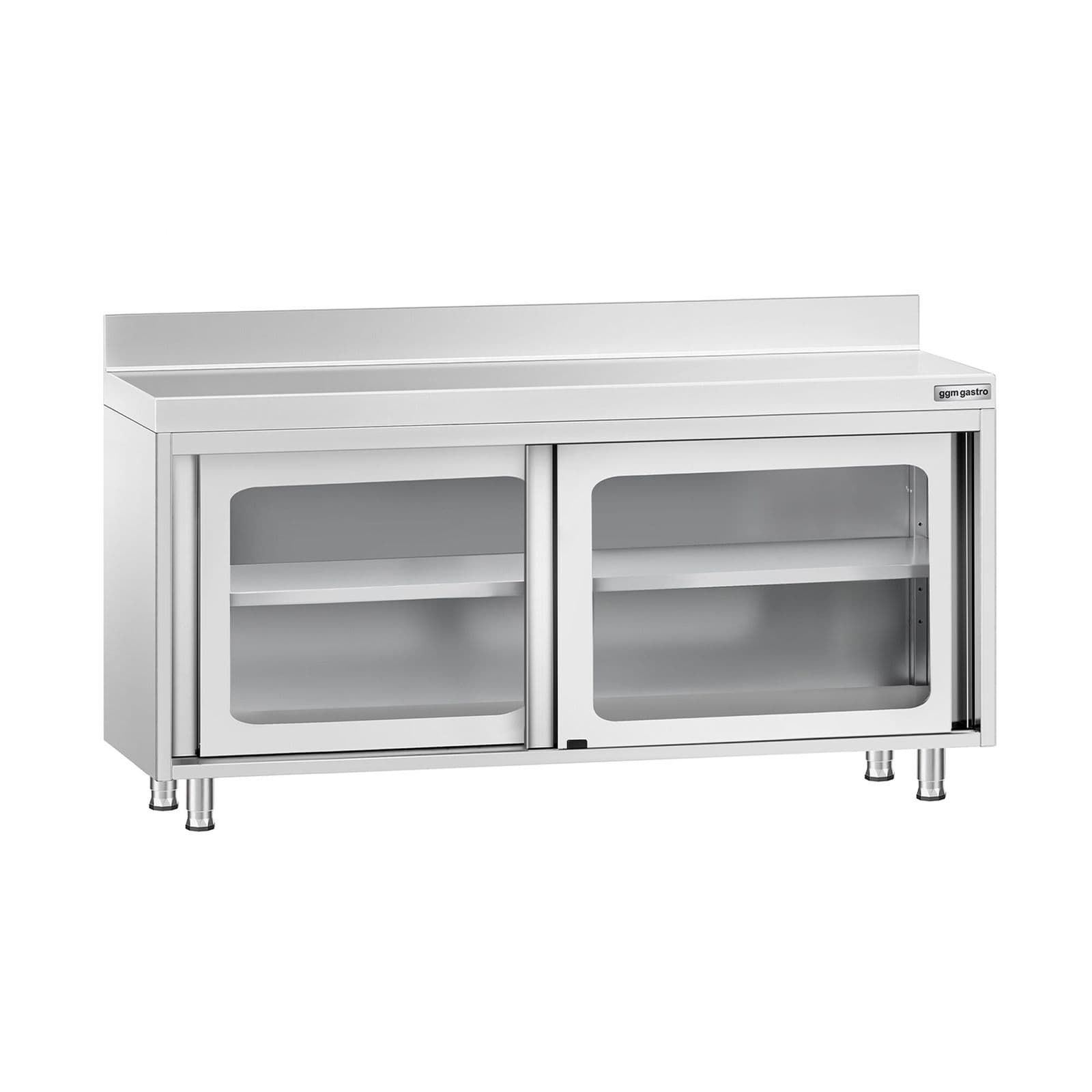 Masă de lucru tip dulap din oțel inoxidabil PREMIUM - 1600x700 mm - uși glisante din sticlă - cu rebord