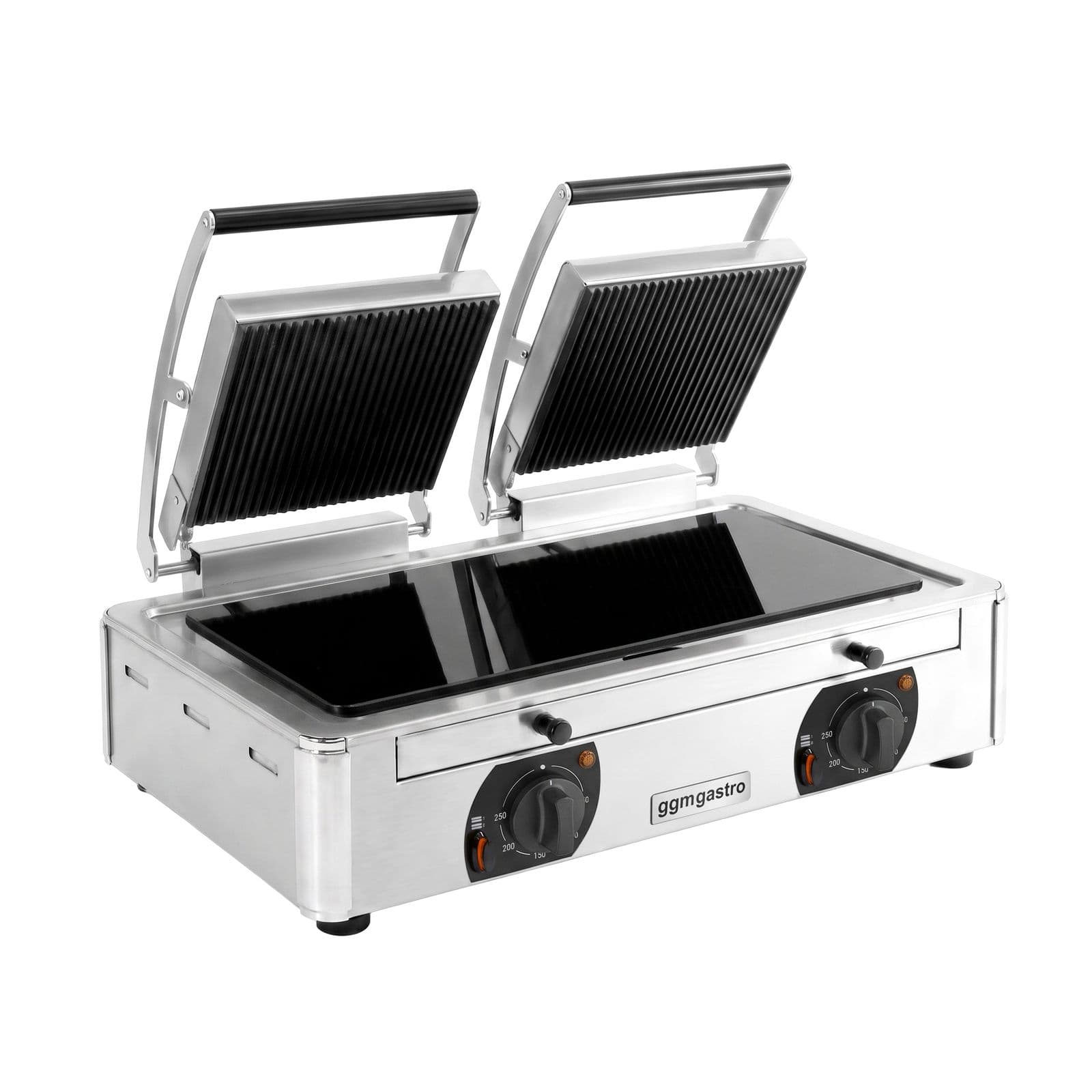 Grătar cu contact din vitroceramică – 3,4 kW – partea inferioară netedă și cea superioară striată – 2 suprafețe de gătit: 220x220 mm