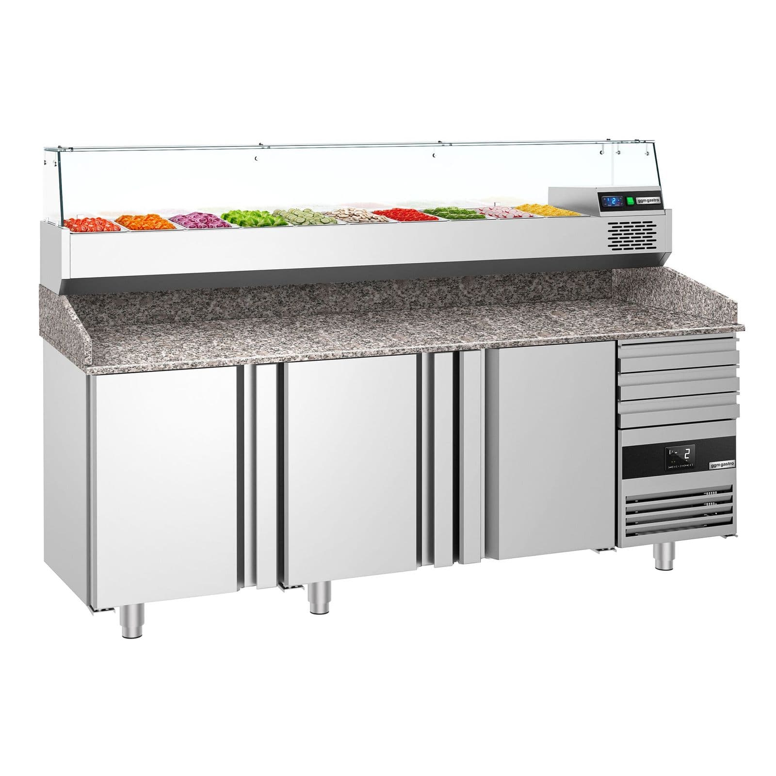 Masă frigorifică pentru preparare pizza PREMIUM - cu blat din granit - 2150x800 mm - cu 3 uși & 3 sertare - cu vitrină de ingrediente - 10x GN 1/3