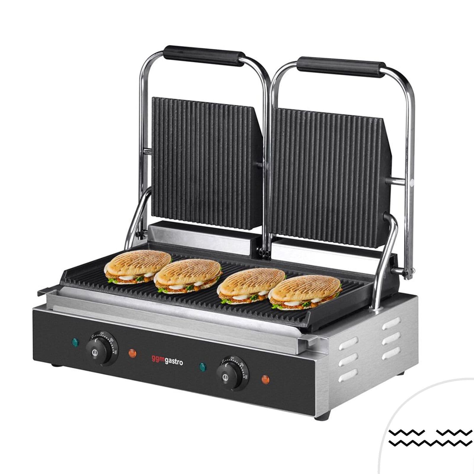 Grătar de contact / Grătar pentru hamburgeri – 3,6 kW – cu grătare sus și jos – Suprafață de gătit: 485x235 mm