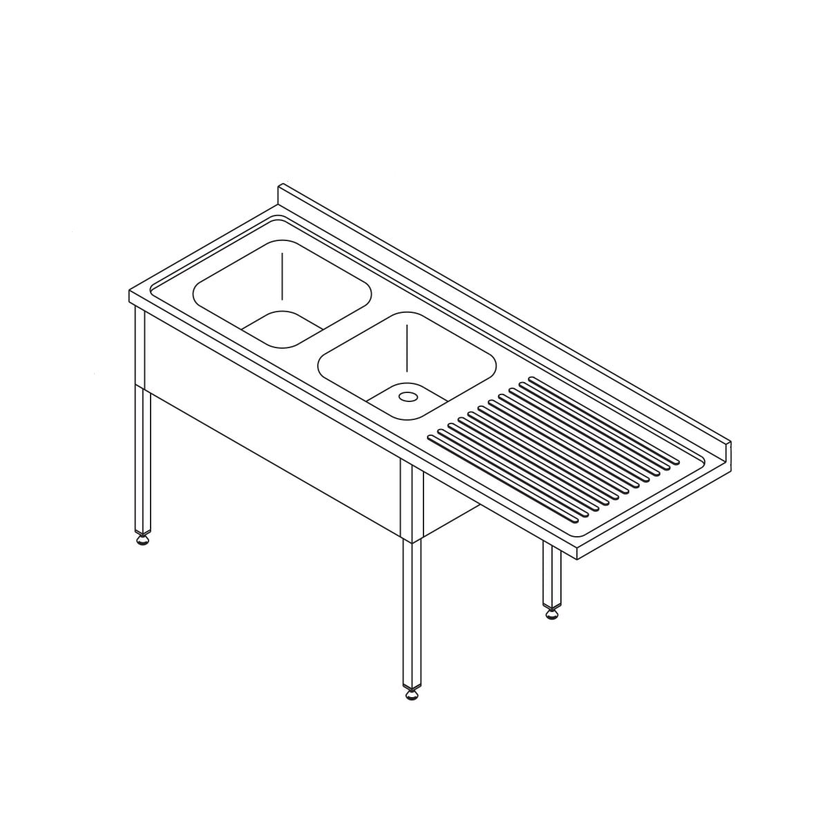 Dishwasher Table - 200 x 70cm - Left - with 2 Sinks and Backsplash - incl Storage Shelf