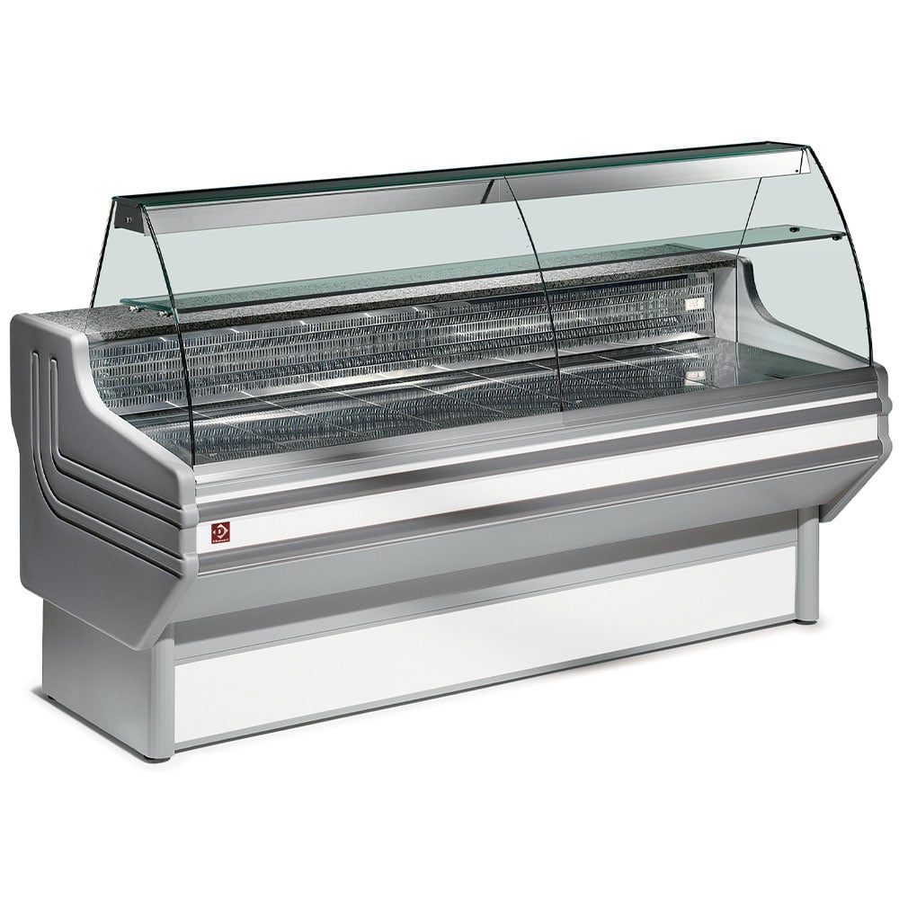 Refrigerated display counter, curved glass with storage space+WHEELS