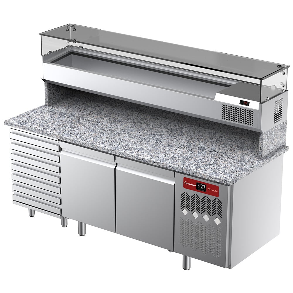Ventilated refrigerated table for pizza with 2 doors and 7 drawers and refrigerated showcase 2000x380x410 with granite worktop. – Ocazie