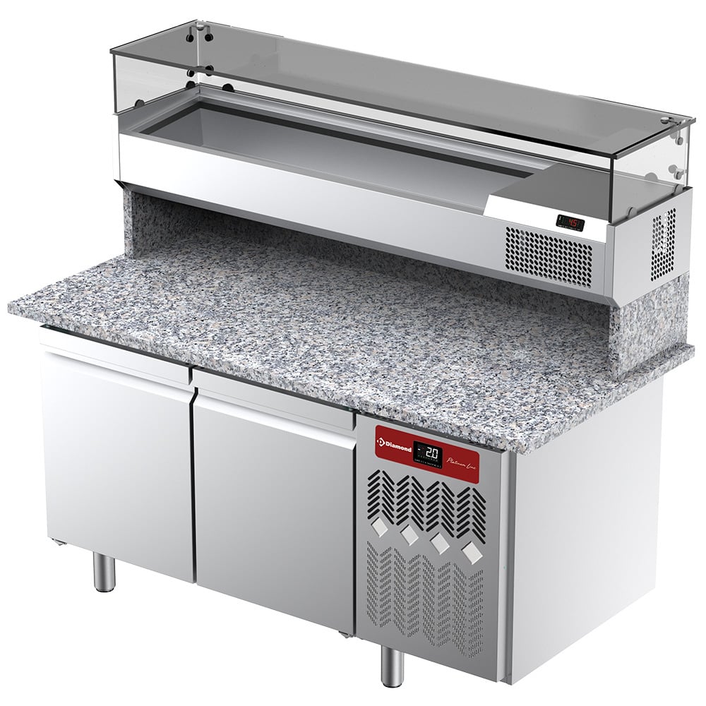 Ventilated refrigerated table for pizza with 2 doors and refrigerated showcase 1600x380x410 with granite worktop.